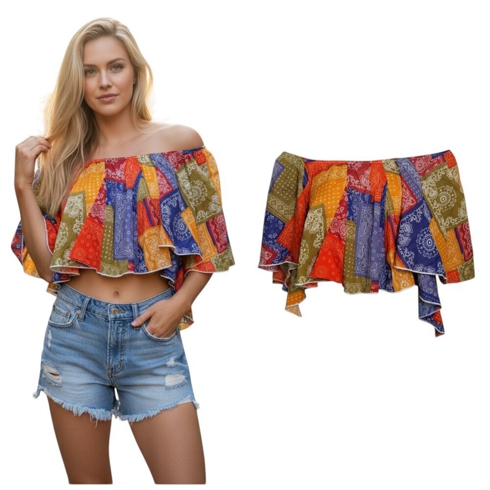 Show Me Your Mumu Patchwork Bandana Off Shoulder Crop Top S